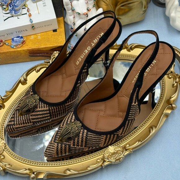 🆕 KURT GEIGER LONDON 🧿 NWOB Belgravia Slingback Heel, Black & Tan Raffia, Sz 6 - Picture 12 of 15